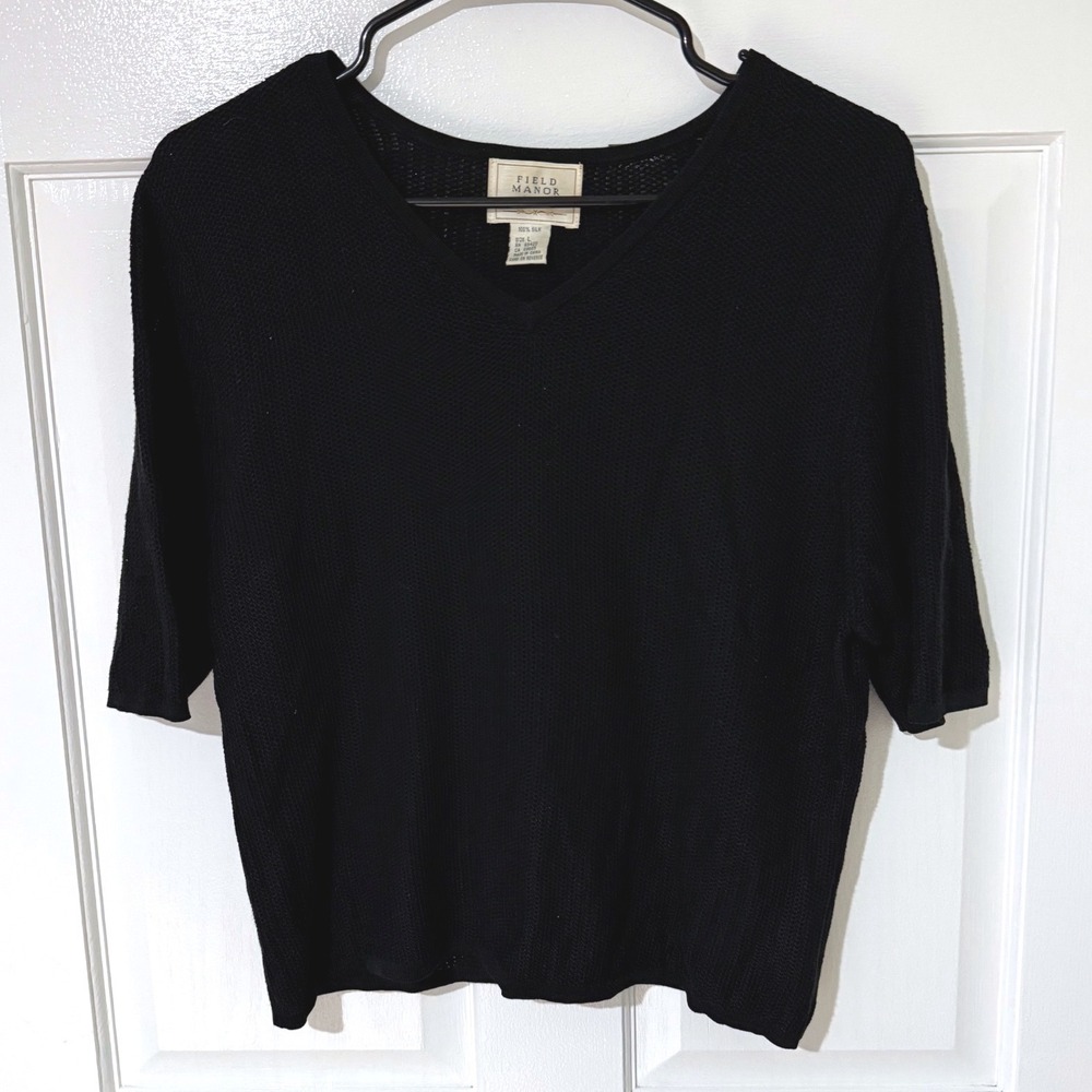 Field Manor 100% Silk Knit V-Neck Short Sleeve Top Black‎ Womens Large